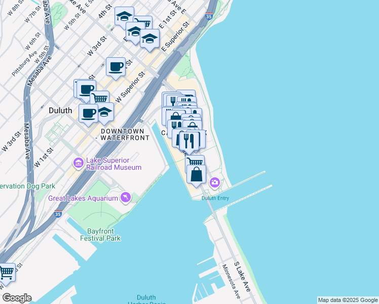 map of restaurants, bars, coffee shops, grocery stores, and more near 394 South Lake Avenue in Duluth