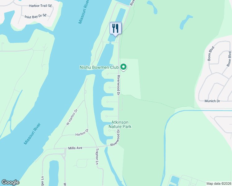 map of restaurants, bars, coffee shops, grocery stores, and more near 1513 Schooner Place in Bismarck