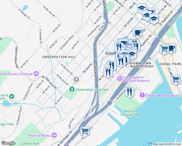 map of restaurants, bars, coffee shops, grocery stores, and more near 625 West 2nd Street in Duluth