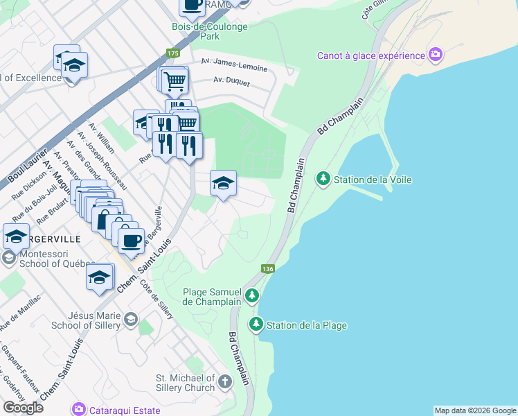 map of restaurants, bars, coffee shops, grocery stores, and more near 1510 Avenue du Maire-Beaulieu in Québec