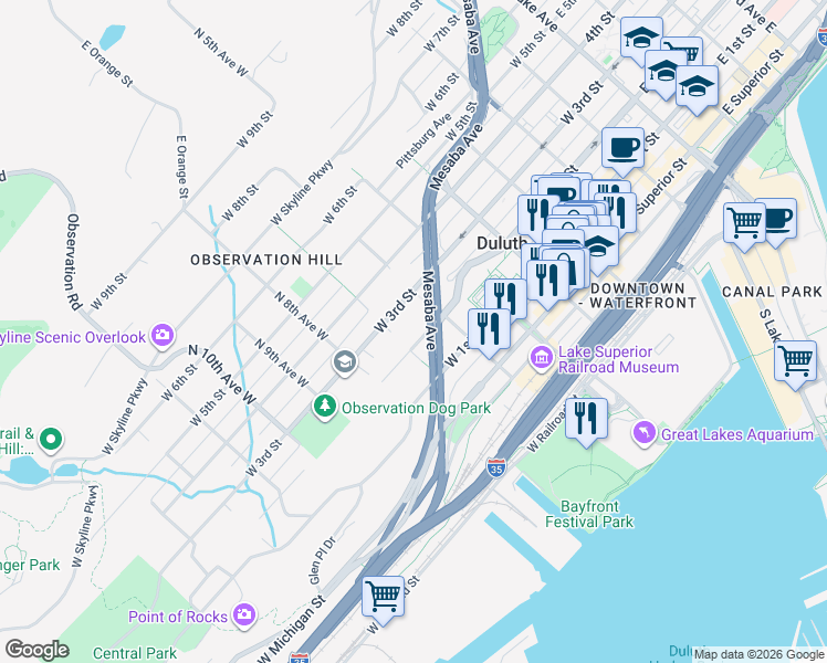 map of restaurants, bars, coffee shops, grocery stores, and more near 625 West 2nd Street in Duluth
