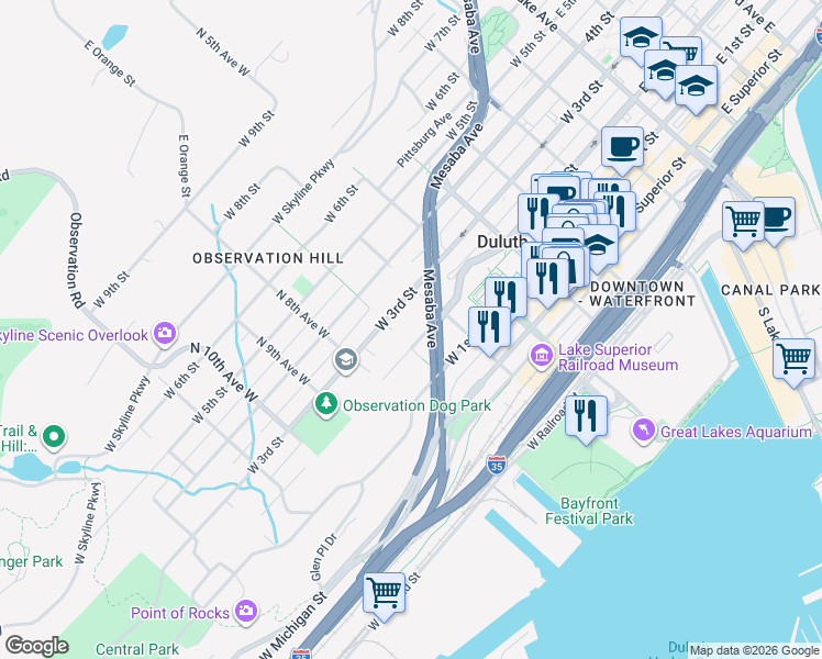 map of restaurants, bars, coffee shops, grocery stores, and more near 625 West 2nd Street in Duluth
