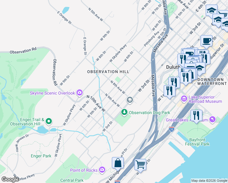 map of restaurants, bars, coffee shops, grocery stores, and more near 809 West 4th Street in Duluth