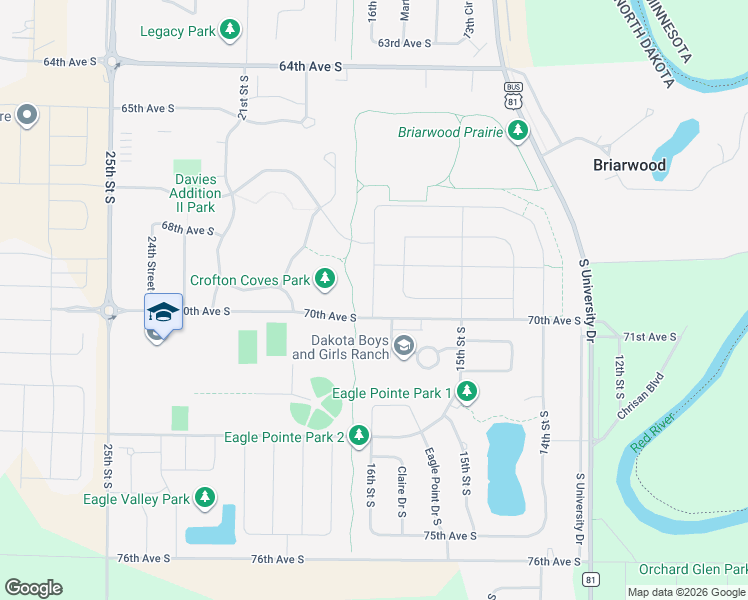 map of restaurants, bars, coffee shops, grocery stores, and more near 7009 16th Street South in Fargo