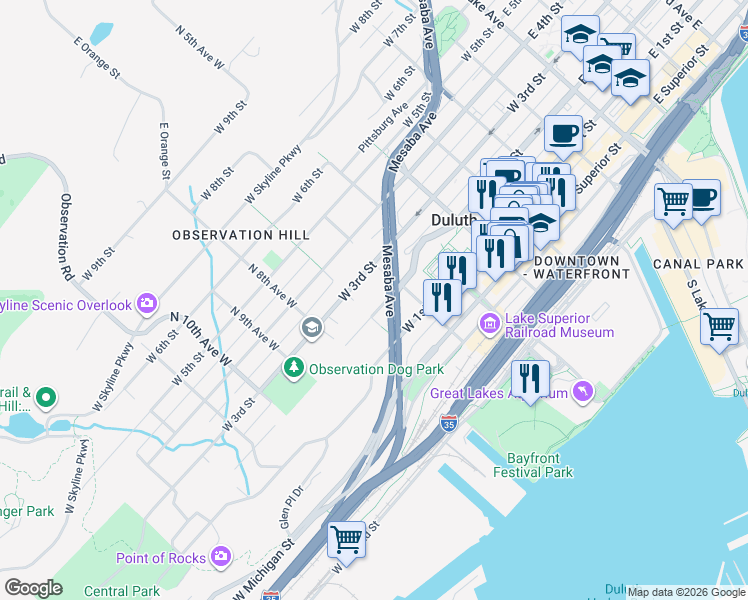 map of restaurants, bars, coffee shops, grocery stores, and more near 625 West 2nd Street in Duluth