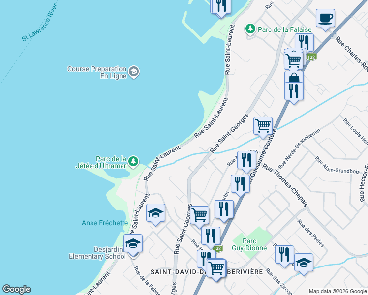 map of restaurants, bars, coffee shops, grocery stores, and more near 4232 Rue Saint-Laurent in Lévis