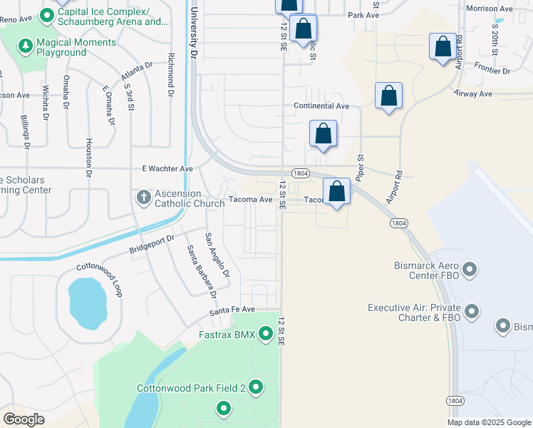 map of restaurants, bars, coffee shops, grocery stores, and more near 1125 Tacoma Avenue in Bismarck