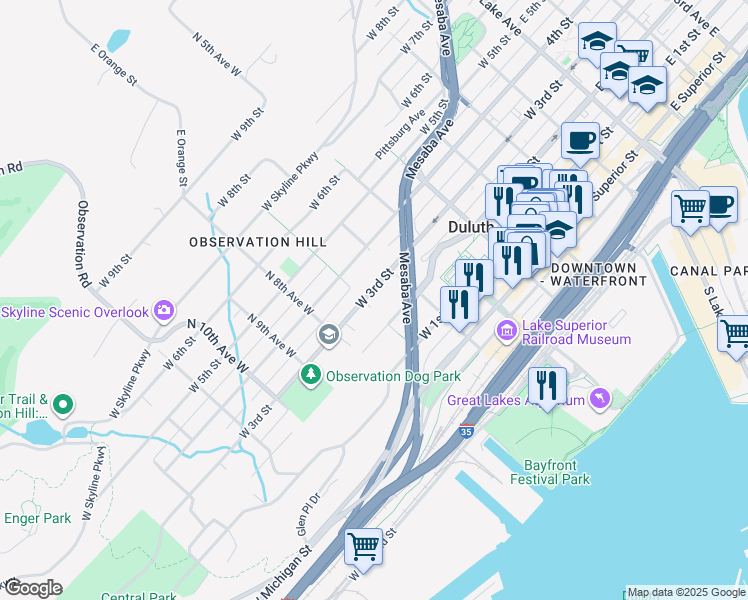 map of restaurants, bars, coffee shops, grocery stores, and more near 625 West 2nd Street in Duluth