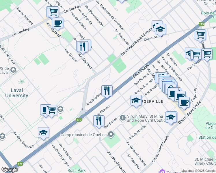 map of restaurants, bars, coffee shops, grocery stores, and more near 2134 Rue Bourbonnière in Ville de Québec