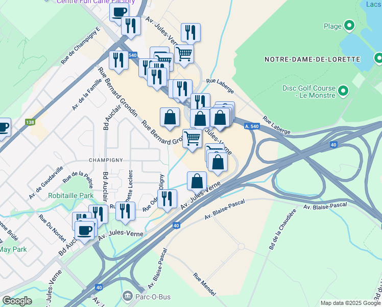 map of restaurants, bars, coffee shops, grocery stores, and more near 1470 Avenue Jules Verne in Québec