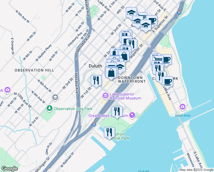map of restaurants, bars, coffee shops, grocery stores, and more near 520 West Superior Street in Duluth