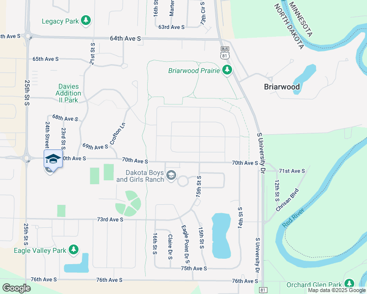 map of restaurants, bars, coffee shops, grocery stores, and more near 7045 15th Street South in Fargo