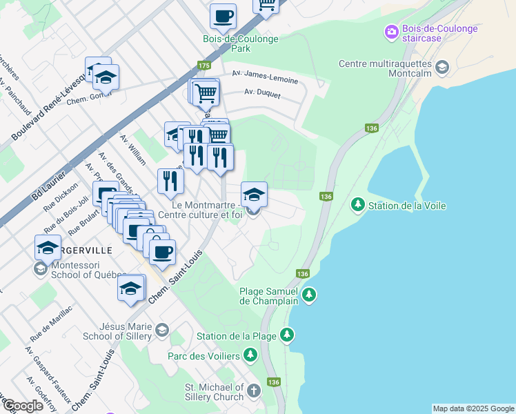 map of restaurants, bars, coffee shops, grocery stores, and more near 1470 Avenue du Maire-Beaulieu in Québec