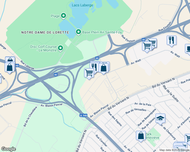 map of restaurants, bars, coffee shops, grocery stores, and more near 3200 Avenue Watt in Québec