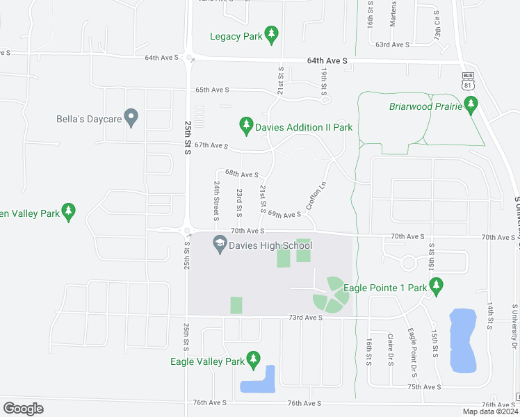 map of restaurants, bars, coffee shops, grocery stores, and more near 6891 21st Street South in Fargo
