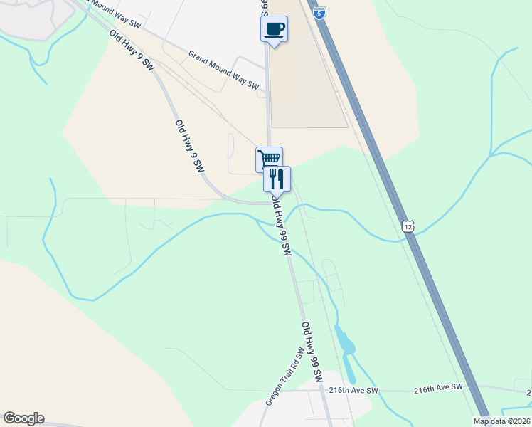 map of restaurants, bars, coffee shops, grocery stores, and more near 21021 Old Highway 99 Southwest in Centralia
