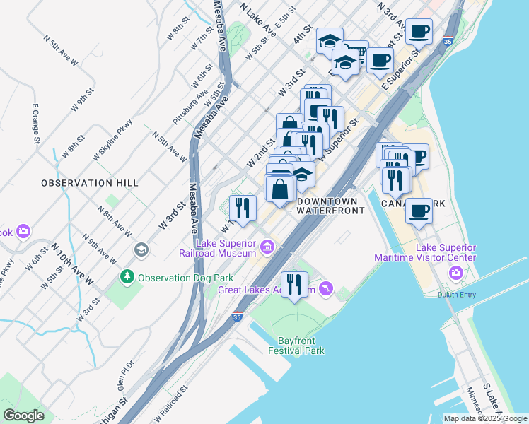 map of restaurants, bars, coffee shops, grocery stores, and more near in Duluth