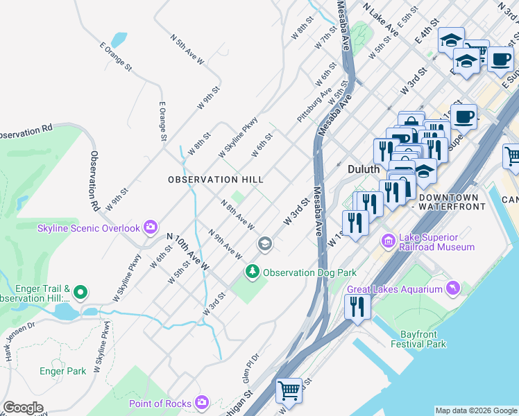 map of restaurants, bars, coffee shops, grocery stores, and more near 628 West 5th Street in Duluth