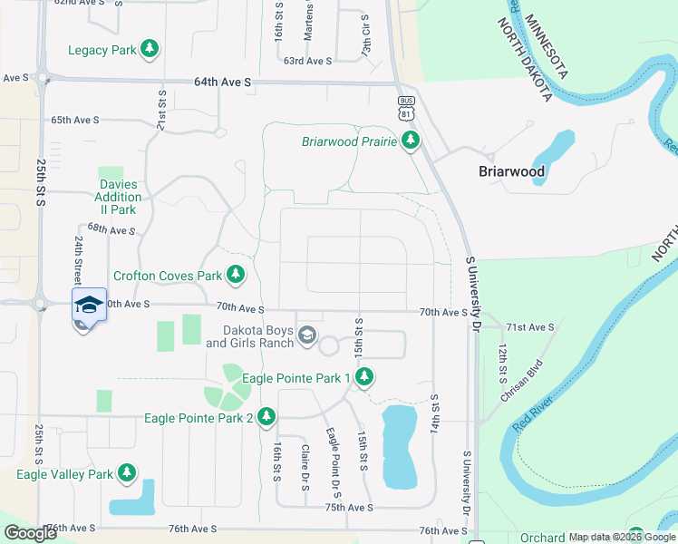 map of restaurants, bars, coffee shops, grocery stores, and more near 6811 South University Drive in Fargo