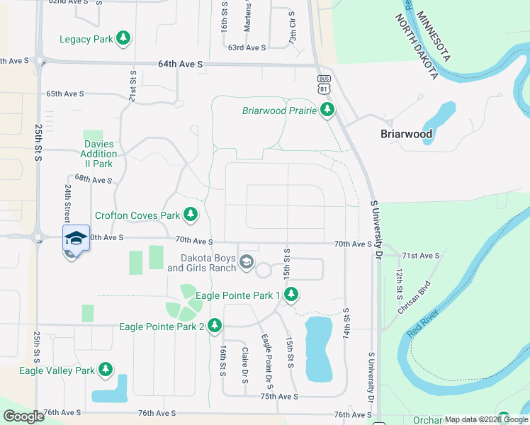 map of restaurants, bars, coffee shops, grocery stores, and more near 6811 South University Drive in Fargo