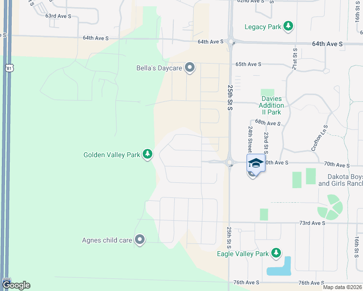 map of restaurants, bars, coffee shops, grocery stores, and more near 2715 Golden Lane South in Fargo