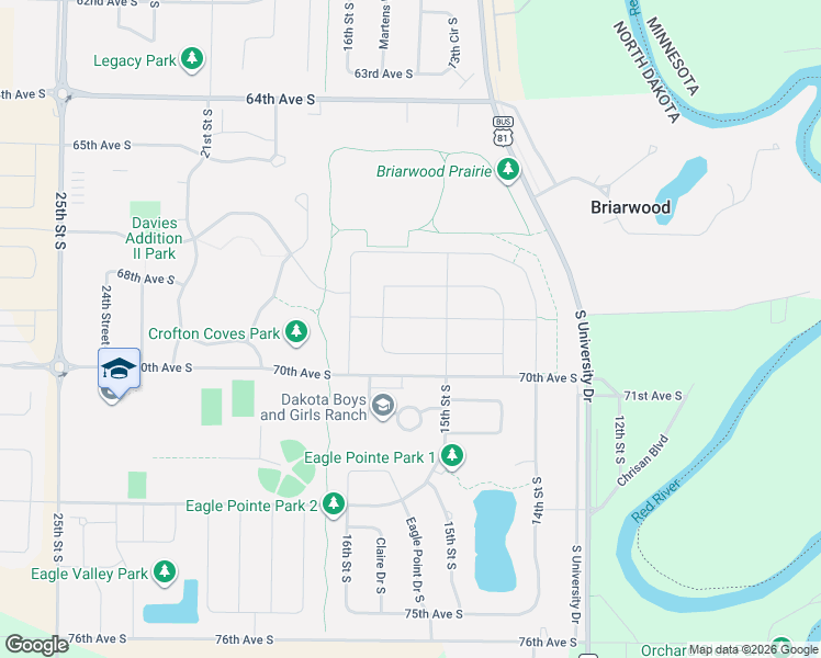 map of restaurants, bars, coffee shops, grocery stores, and more near 6811 South University Drive in Fargo