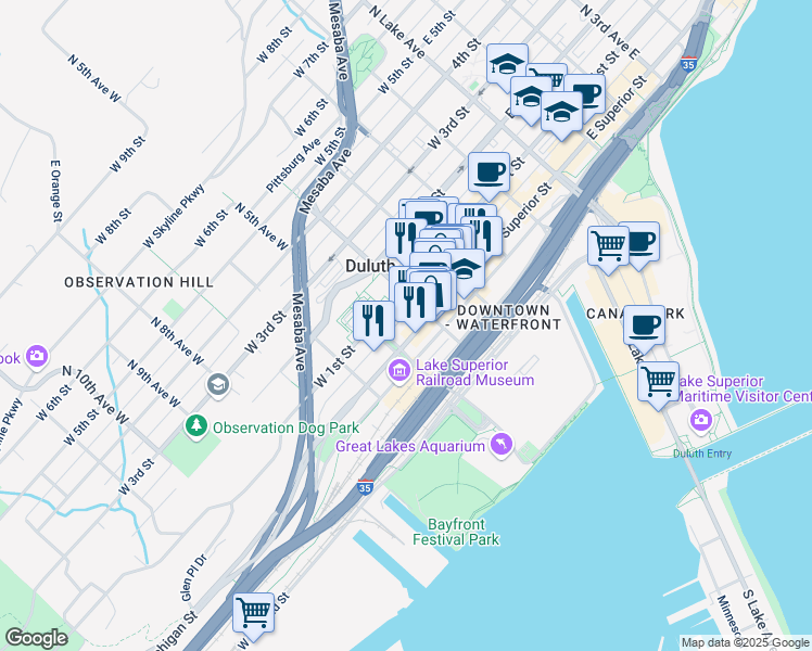 map of restaurants, bars, coffee shops, grocery stores, and more near 425 West Superior Street in Duluth