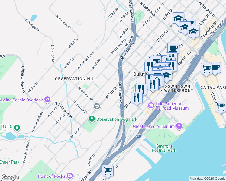 map of restaurants, bars, coffee shops, grocery stores, and more near 529 West 3rd Street in Duluth