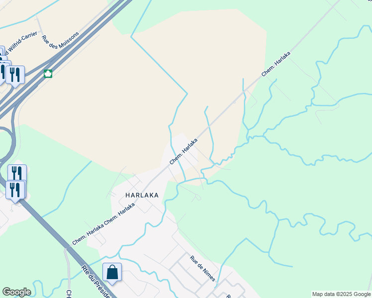 map of restaurants, bars, coffee shops, grocery stores, and more near Chemin Harlaka in Levis