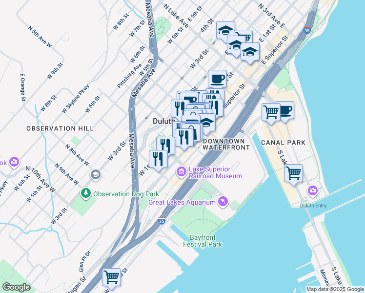 map of restaurants, bars, coffee shops, grocery stores, and more near 425 West Superior Street in Duluth