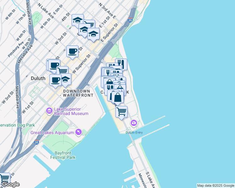 map of restaurants, bars, coffee shops, grocery stores, and more near 350 Canal Park Drive in Duluth