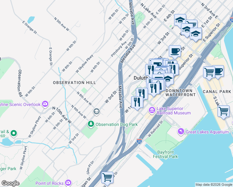 map of restaurants, bars, coffee shops, grocery stores, and more near 529 West 3rd Street in Duluth