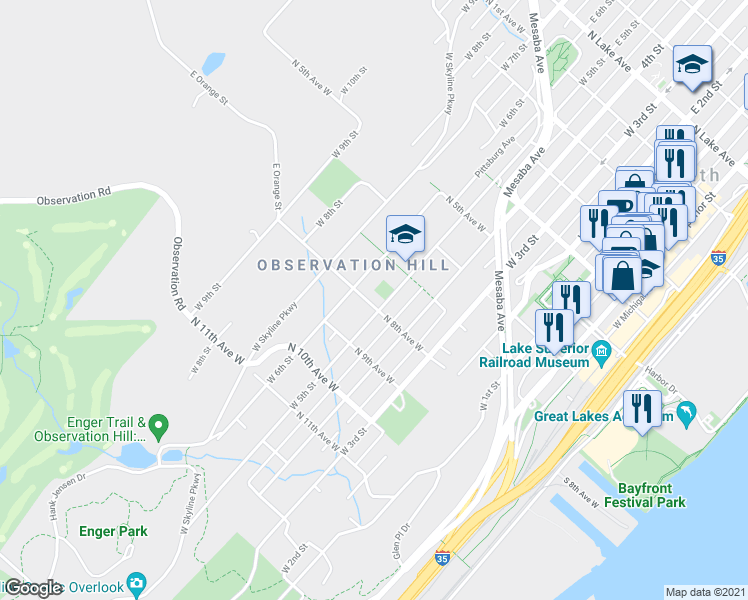 map of restaurants, bars, coffee shops, grocery stores, and more near 718 West 6th Street in Duluth