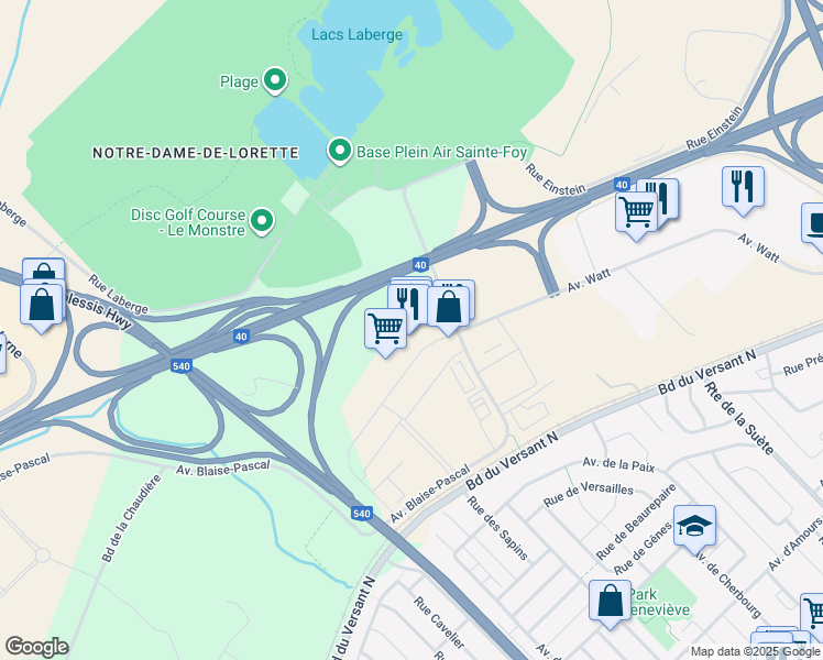 map of restaurants, bars, coffee shops, grocery stores, and more near 3200 Avenue Watt in Québec