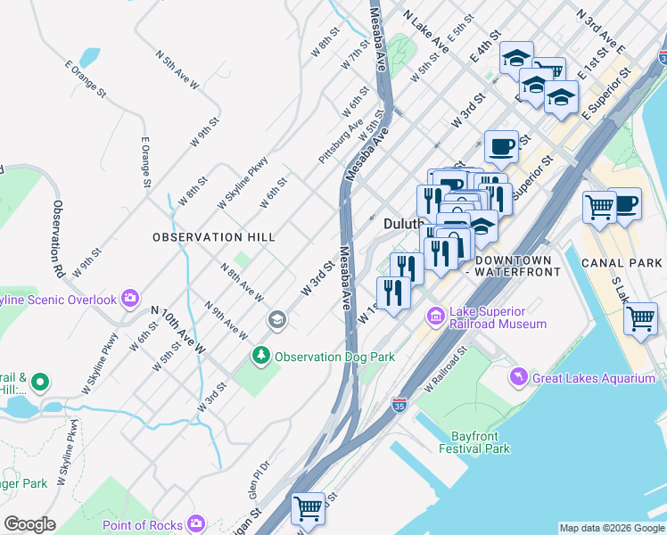 map of restaurants, bars, coffee shops, grocery stores, and more near 529 West 3rd Street in Duluth