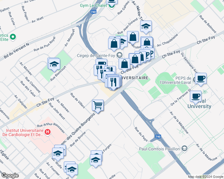 map of restaurants, bars, coffee shops, grocery stores, and more near 2500 Chemin des Quatre-Bourgeois in Québec
