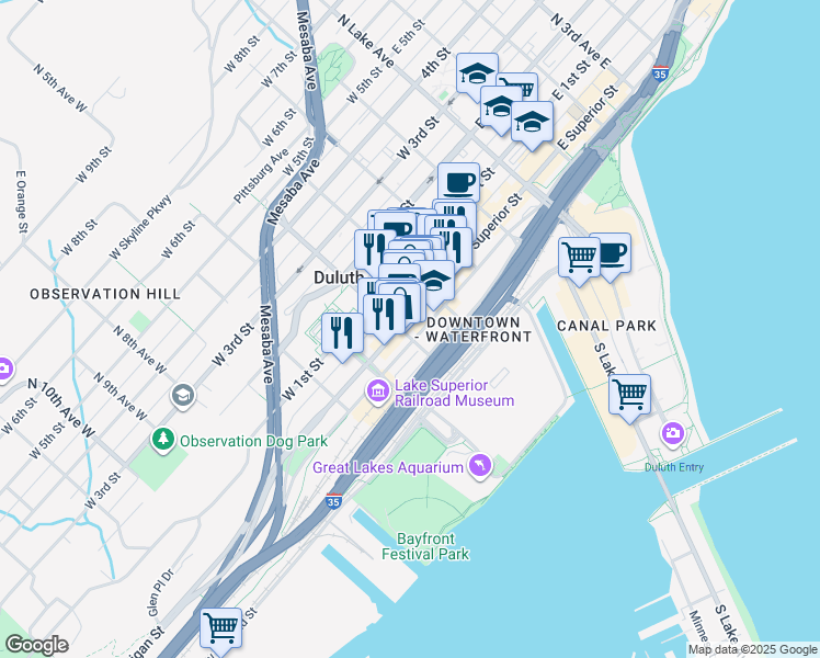 map of restaurants, bars, coffee shops, grocery stores, and more near 331 West Superior Street in Duluth