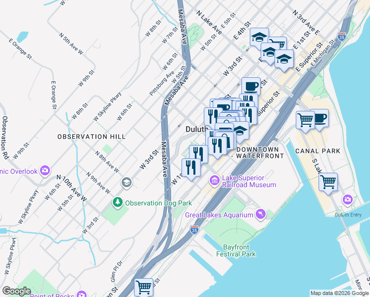 map of restaurants, bars, coffee shops, grocery stores, and more near Superior Hiking Trail in Two Harbors