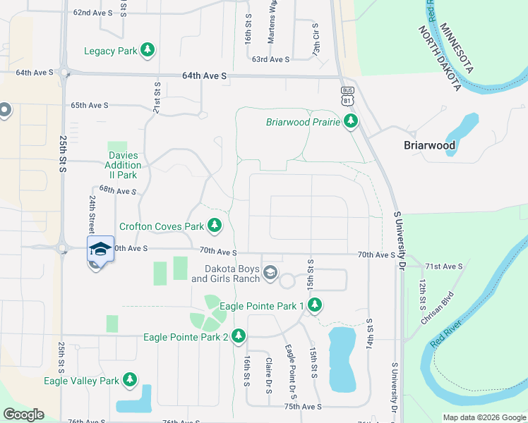 map of restaurants, bars, coffee shops, grocery stores, and more near 6875 University Drive South in Fargo