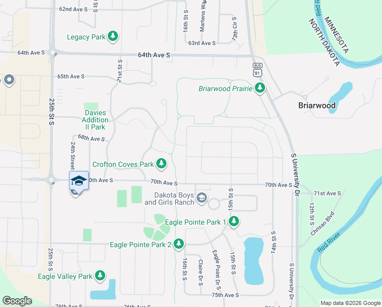 map of restaurants, bars, coffee shops, grocery stores, and more near 6875 University Drive South in Fargo