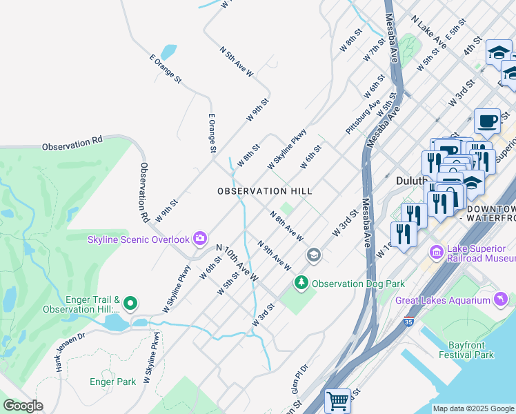map of restaurants, bars, coffee shops, grocery stores, and more near 605 North 8th Avenue West in Duluth