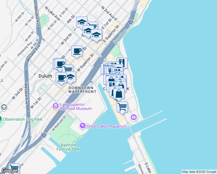 map of restaurants, bars, coffee shops, grocery stores, and more near in Duluth