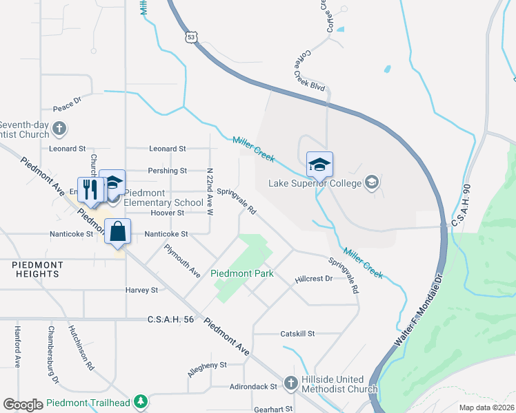 map of restaurants, bars, coffee shops, grocery stores, and more near 2504 Springvale Road in Duluth