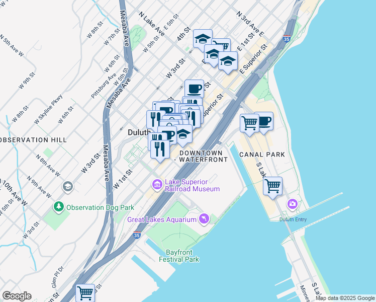 map of restaurants, bars, coffee shops, grocery stores, and more near 302 West Michigan Street in Duluth