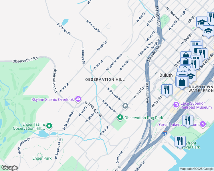 map of restaurants, bars, coffee shops, grocery stores, and more near 605 North 8th Avenue West in Duluth