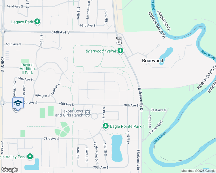 map of restaurants, bars, coffee shops, grocery stores, and more near 6811 South University Drive in Fargo