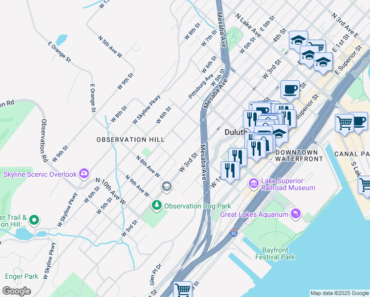 map of restaurants, bars, coffee shops, grocery stores, and more near 608 West 4th Street in Duluth