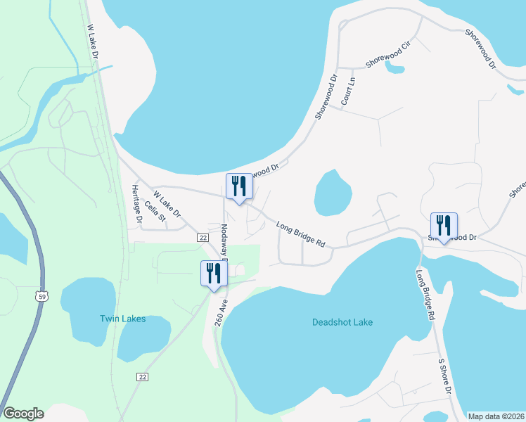 map of restaurants, bars, coffee shops, grocery stores, and more near 1776 Long Bridge Road in Detroit Lakes