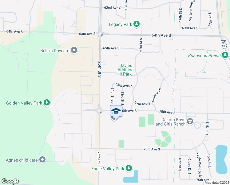 map of restaurants, bars, coffee shops, grocery stores, and more near 6858 24th Street South in Fargo