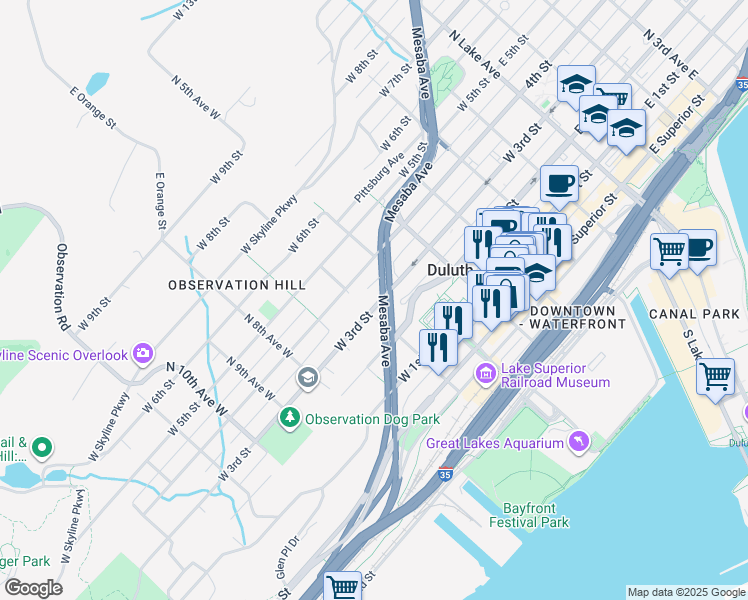 map of restaurants, bars, coffee shops, grocery stores, and more near 529 West 3rd Street in Duluth